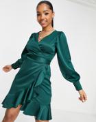 Style Cheat Satin Wrap Mini Dress In Emerald-green