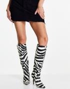 Public Desire Best Believe Knee High Heel Boots In Zebra-multi