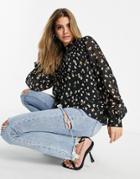 Asos Design Long Sleeve Pleated Trapeze Top In Floral Print-red