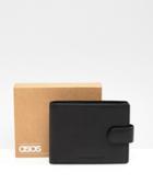Asos Design Leather Bifold Wallet In Black With Emboss And Contrast Burgundy Internal - Black