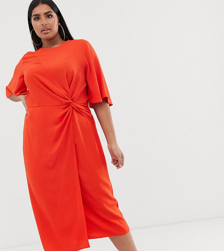 Asos Design Curve Twist Front Midi Dress With Angel Sleeve - Orange