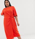 Asos Design Curve Twist Front Midi Dress With Angel Sleeve - Orange