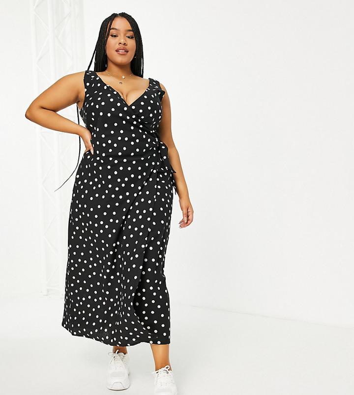 Asos Design Curve Linen Wrap Maxi Dress In Mono Dot Print-multi