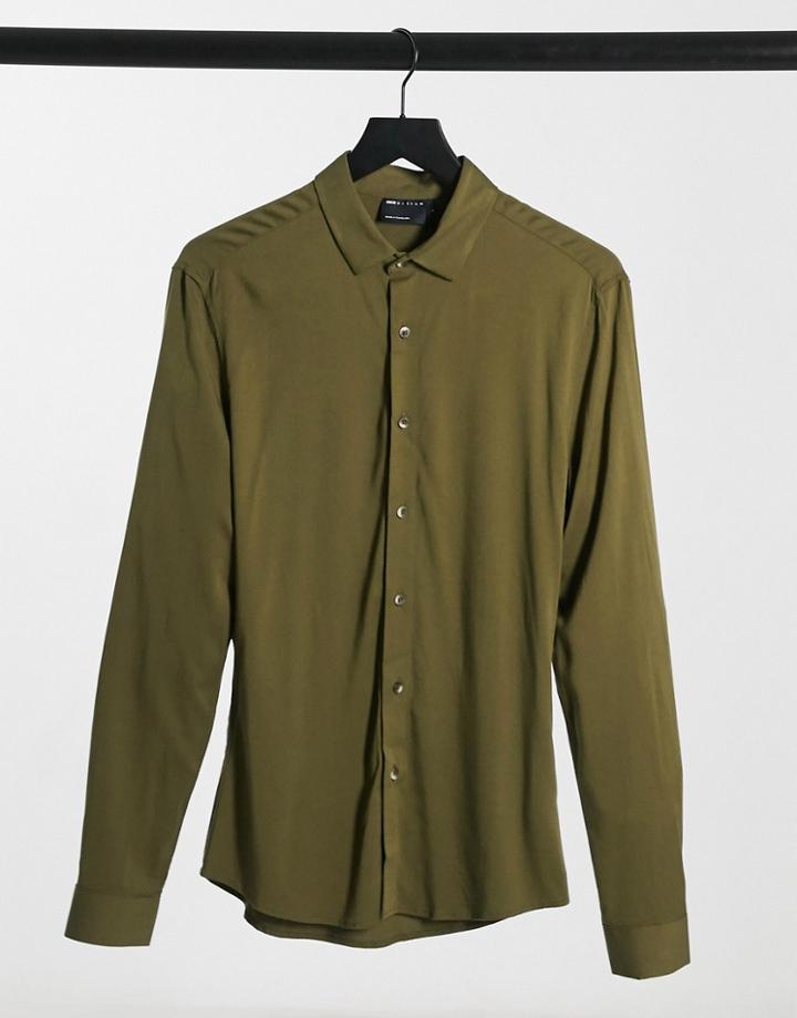 Asos Design Skinny Fit Viscose Shirt In Olive-green