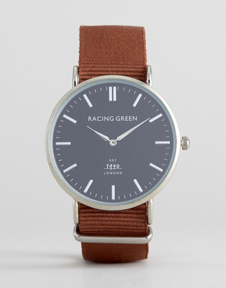 Racing Green Brown Strap Watch With Round Black Dial - Brown