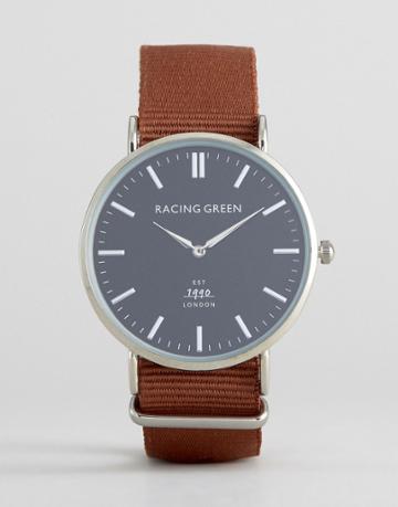 Racing Green Brown Strap Watch With Round Black Dial - Brown