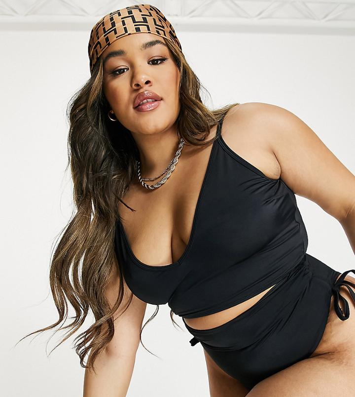 We Are We Wear Plus Toni Plunge Long Line Bikini Top In Black