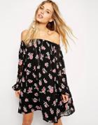 Asos Gypsy Swing Dress With Off Shoulder Sleeves In Floral Print - Multi
