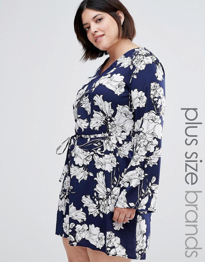 Ax Paris Plus Tunic Shirt Dress In Floral Print - Blue Floral