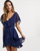 Asos Design Mini Split Sleeve Cape Back Dress With Tie Shoulder-navy