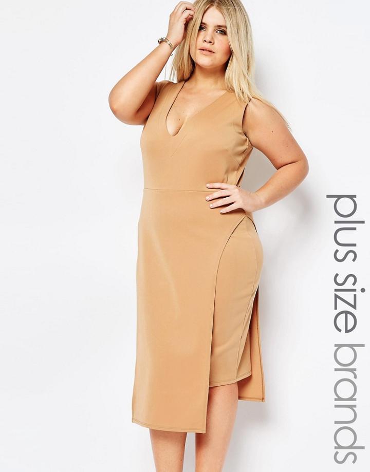 Pink Clove Panelled Front Plunge Dress - Tan
