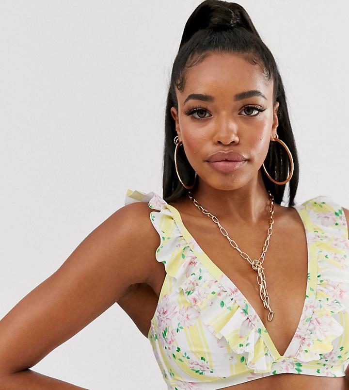 Peek & Beau Fuller Bust Exclusive Eco Floral Stripe Bikini Top With Ruffle In Yellow D - F Cup-white