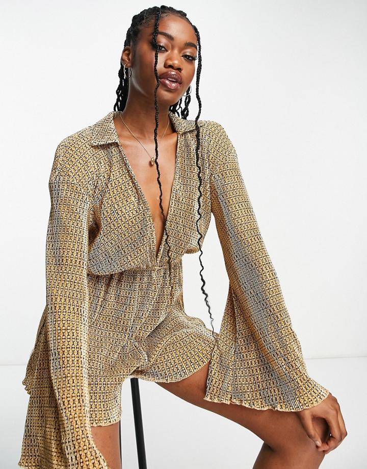 Asos Design Plisse 70s Collar Plunge Romper In Geo Print-multi