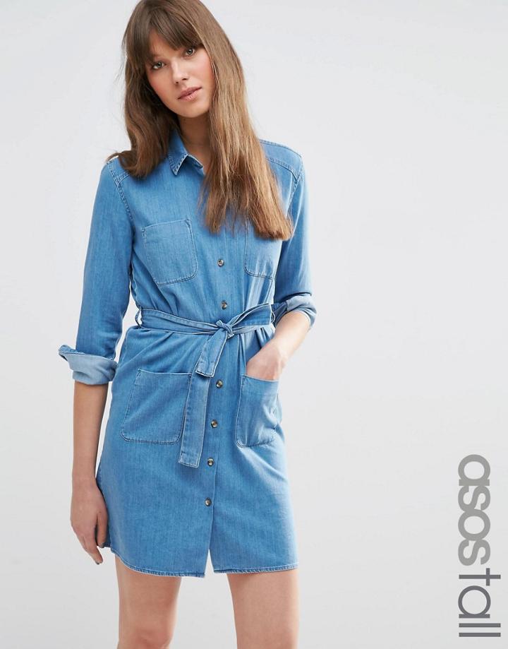 Asos Tall Denim Belted Shirt Dress In Washed Blue - Blue