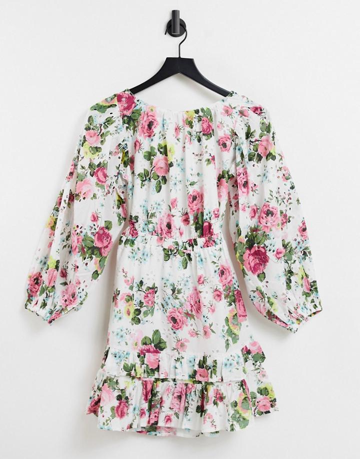 Asos Design Broderie Mini Ruffle Skate Dress With Cross Back Detail In Floral Print-multi