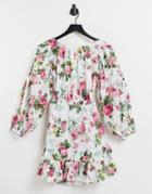 Asos Design Broderie Mini Ruffle Skate Dress With Cross Back Detail In Floral Print-multi