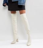 Missguided Pointed Neoprene Over The Knee Heeled Boots - Beige