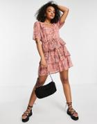 Jdy Tiered V Neck Mini Dress In Pink Abstract Print-multi