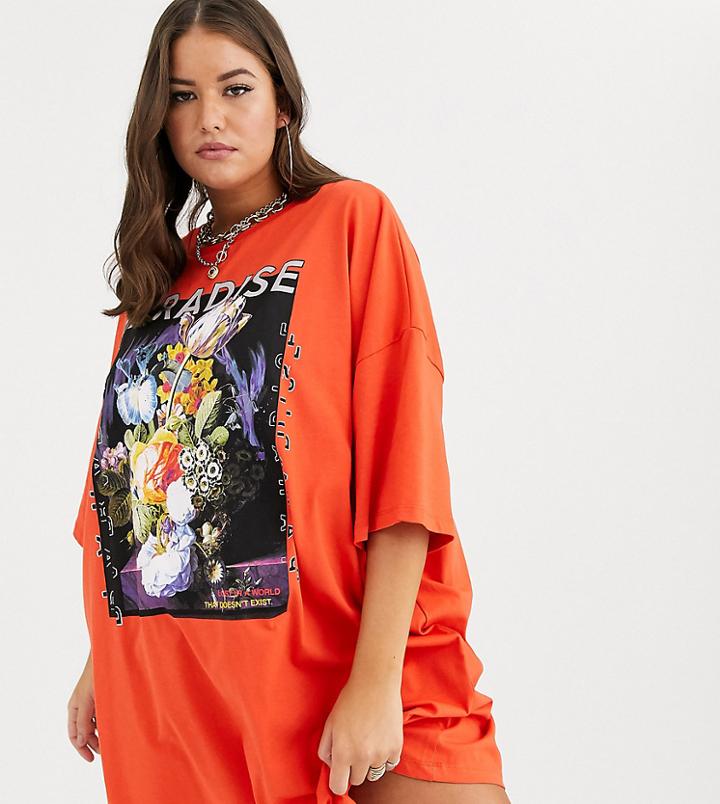 Asos Design Curve Paradise T Shirt Dress-multi