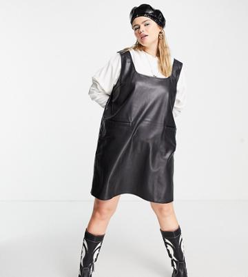 Noisy May Curve Faux Leather Pinafore Dress In Black