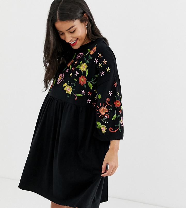 Asos Design Maternity Embroidered Smock Dress - Black