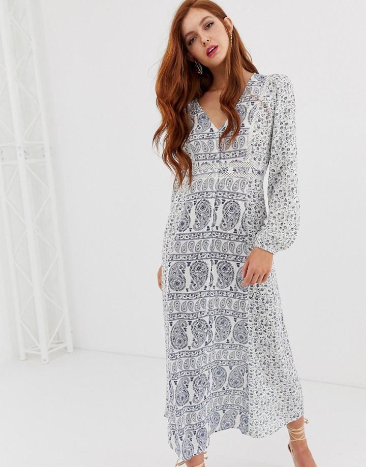 Stradivarius V Neck Prairie Dress In Multi-blue