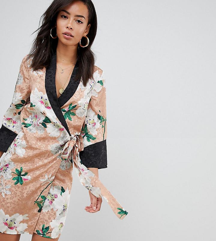 Asos Design Tall Kimono Wrap Mini Dress In Floral Jacquard Print - Multi