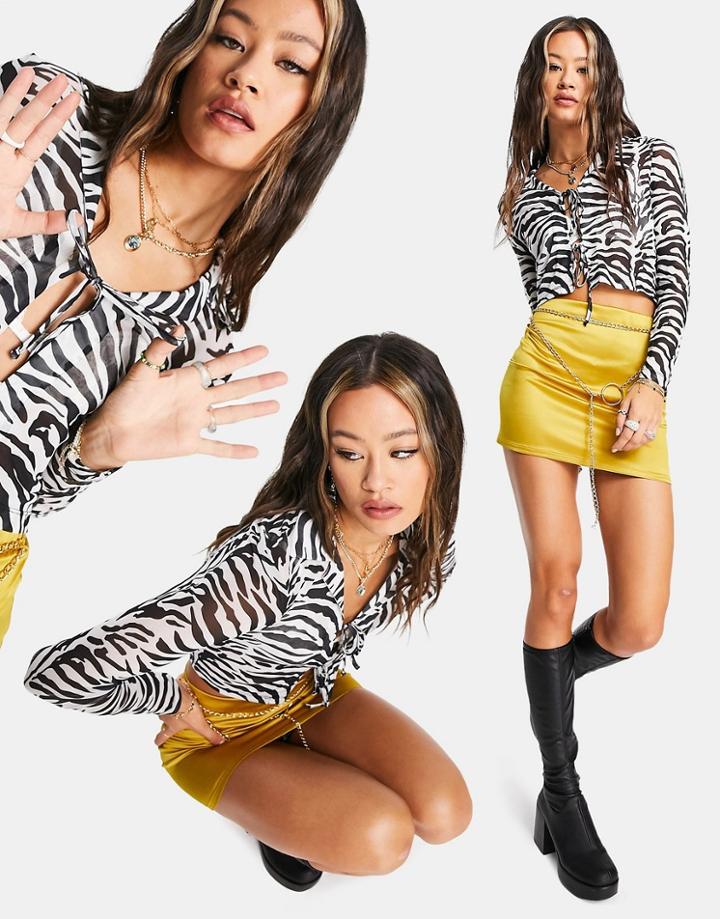Asos Design Mesh Shirt With Tie Detail In Zebra Print-brown