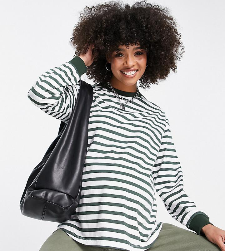 Asos Design Maternity Top With Cuff Detail In Stripe White & Khaki-multi