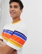 Asos Design Organic Cotton Relaxed T-shirt With Thick Retro Stripe And Roll Sleeve - White