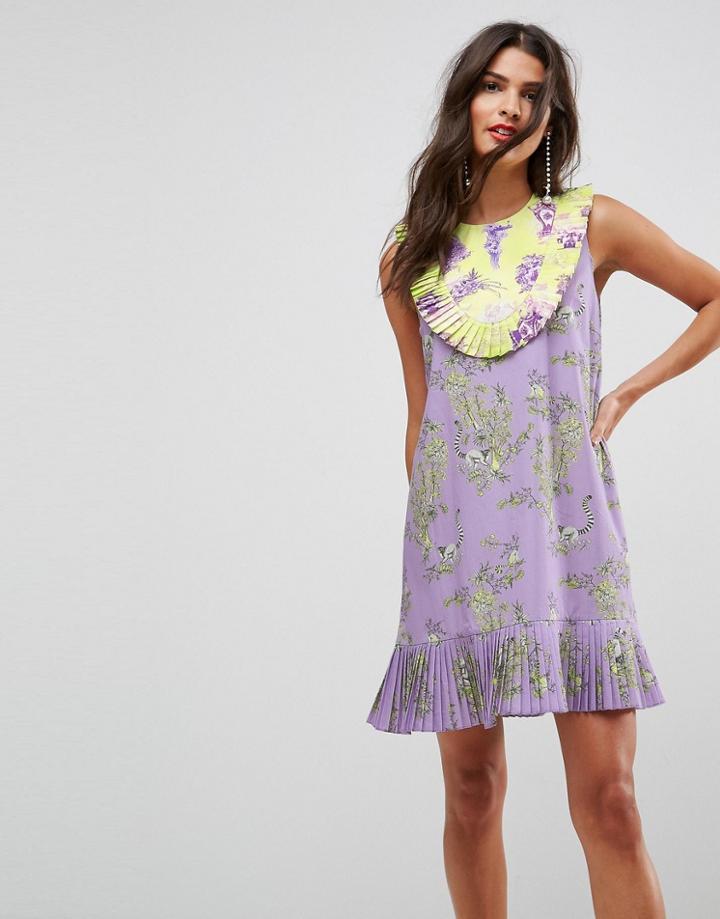 Asos Pleated Cotton Shift Dress In Mix And Match Print - Multi