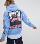 Crooked Tongues Hoodie In Blue With Sleeve & Back Print - Blue