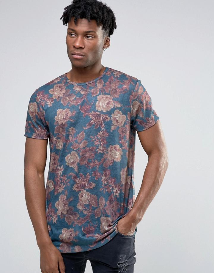 Asos Longline T-shirt In Linen Look With Dark Floral Print - Purple