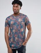 Asos Longline T-shirt In Linen Look With Dark Floral Print - Purple