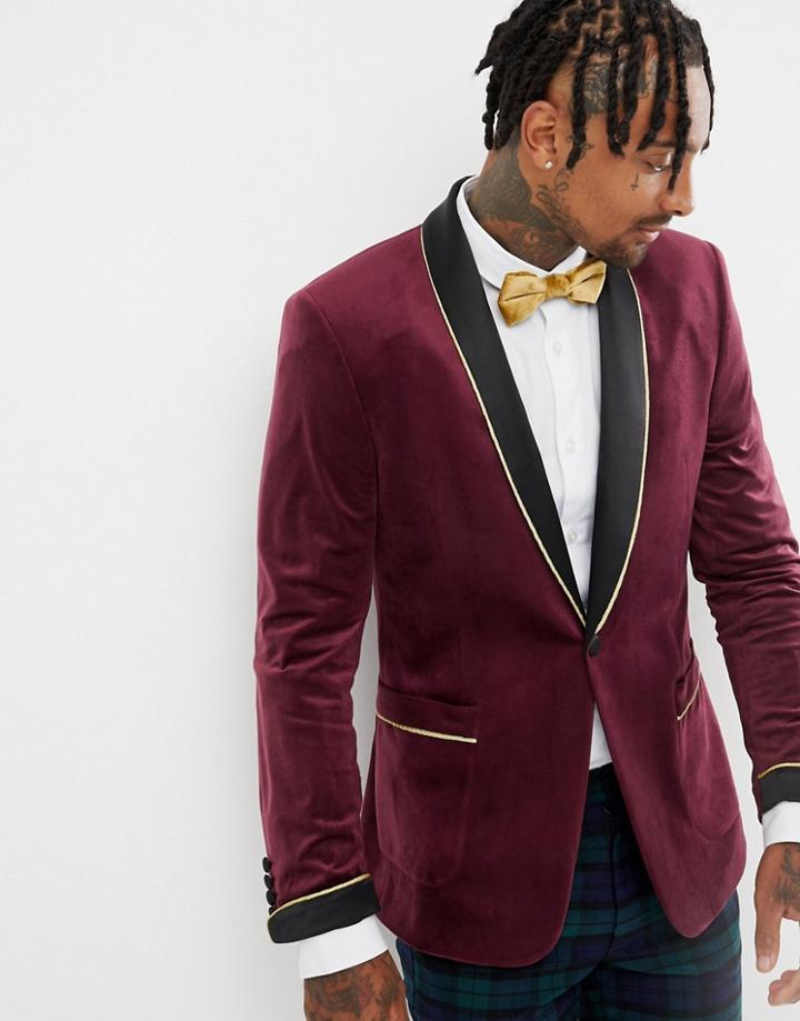 Asos Design Skinny Blazer In Burgundy Velvet With Shawl Lapel - Red