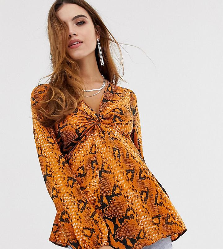 Asos Design Maternity Twist Front Long Sleeve Top In Snake Animal Print-multi