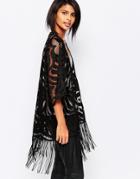 Vila Burnt Out Kimono With Fringe Detail - Black