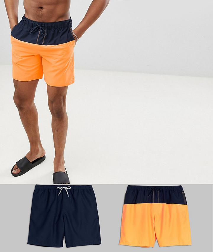 Asos Design Swim Shorts 2 Pack In Navy & Orange Cut & Sew In Mid Length Save - Multi