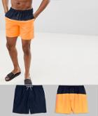 Asos Design Swim Shorts 2 Pack In Navy & Orange Cut & Sew In Mid Length Save - Multi