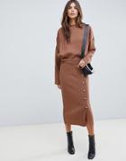Asos Design Two-piece Skirt In Wide Rib With Buttons-brown
