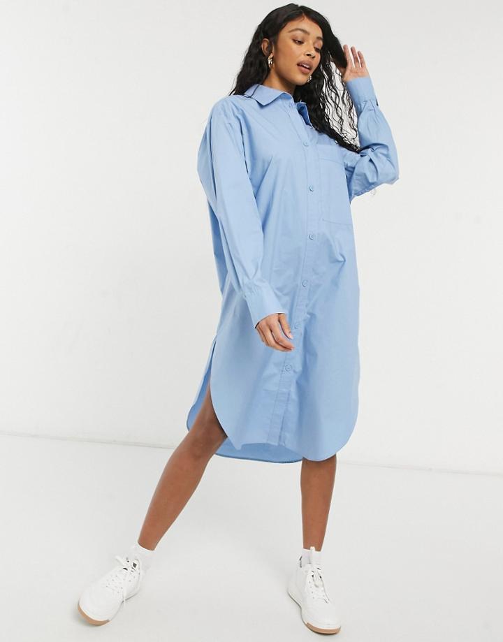 Monki Carol Cotton Poplin Midi Shirt Dress In Blue-blues
