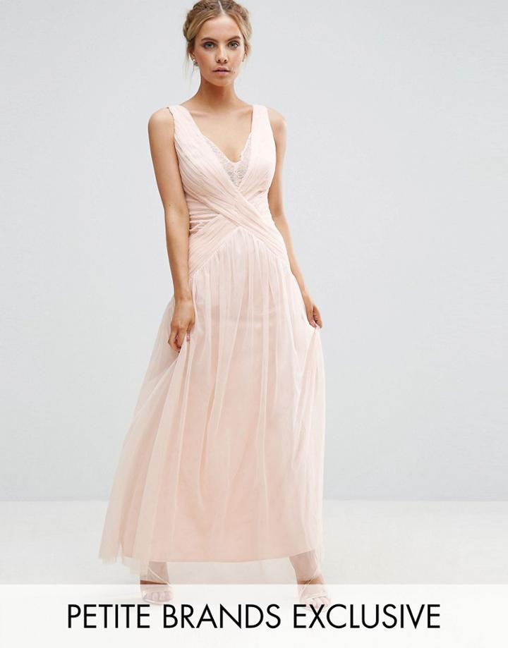 Little Mistress Petite Scallop Lace Top Pleated Maxi Dress - Beige
