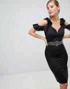 Little Mistress Cold Shoulder Pencil Dress With Embellished Waist Detail - Black