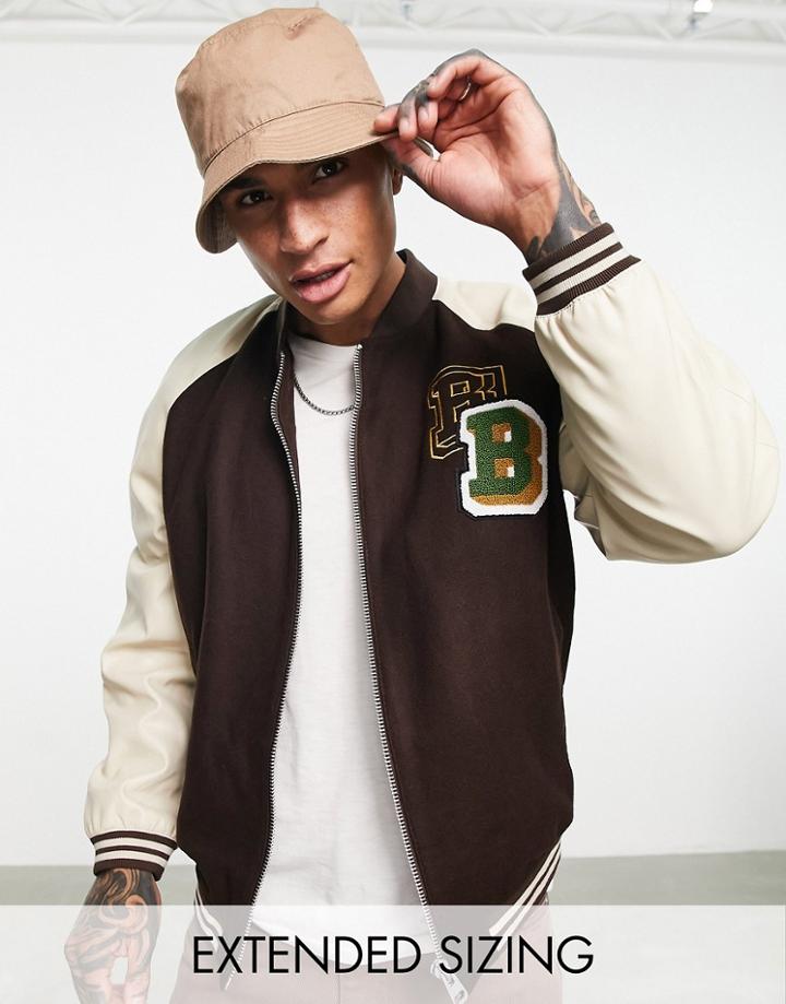 Asos Design Faux Leather Varsity Jacket With Embroidery In Black