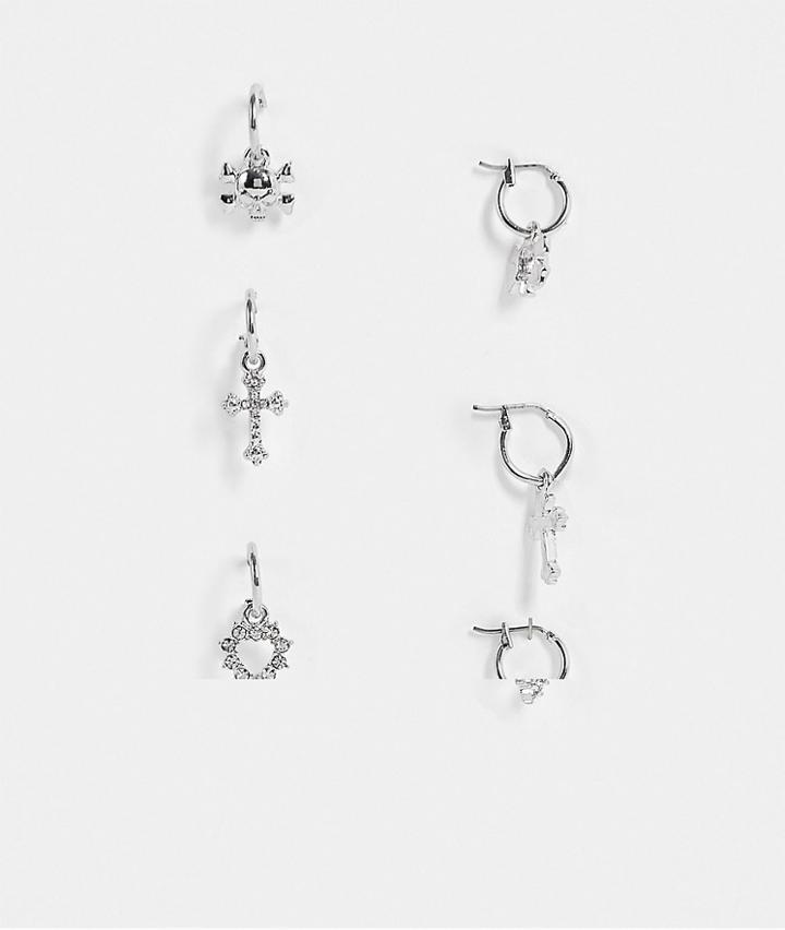 Asos Design Pack Of 3 Hoop Earrings With Skull Cross And Heart Charms In Silver Tone