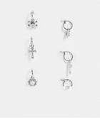 Asos Design Pack Of 3 Hoop Earrings With Skull Cross And Heart Charms In Silver Tone