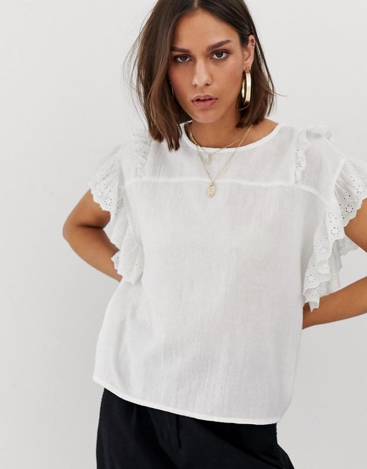 Noisy May Embroidered Ruffle Sleeve Tee - White