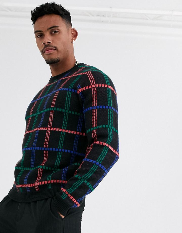 Asos Design Oversized Embroidered Check Sweater In Black