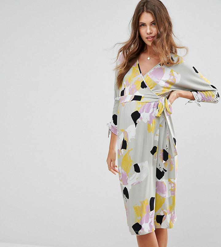 Asos Maternity Nursing Batwing Print Wrap Dress In Abstract Print - Multi