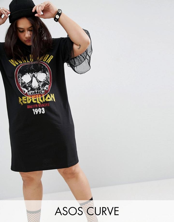 Asos Curve World Tour Print T-shirt Dress With Cross Back & Lace Sleeves - Multi